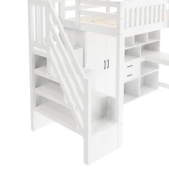 Lit Superposé Enfant 90x200 cm - avec Escalier de Rangement et Bureau Intégré, Armoire et Tiroirs - Bois/MDF/Contreplaqué Blanc