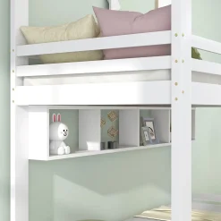 Lit Superposé enfant 90x200 cm - Lit avec 2 Tiroirs et 4 Niches de Rangement - Structure en Bois Pin et MDF - Blanc, Sans Matelas