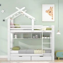 Lit Superposé enfant 90x200 cm - Lit avec 2 Tiroirs et 4 Niches de Rangement - Structure en Bois Pin et MDF - Blanc, Sans Matelas