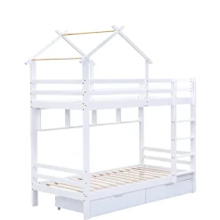Lit Superposé enfant 90x200 cm - Lit avec 2 Tiroirs et 4 Niches de Rangement - Structure en Bois Pin et MDF - Blanc, Sans Matelas
