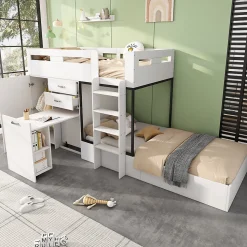 Lit Superposé enfant 90x200 cm - Lit avec Bureau Escamotable et Armoire - MDF et Panneaux Stratifiés - Sans Matelas - Blanc