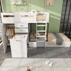 Lit Superposé enfant 90x200 cm - Lit avec Bureau Escamotable et Armoire - MDF et Panneaux Stratifiés - Sans Matelas - Blanc