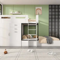 Lit Superposé enfant 90x200 cm - Lit avec Bureau Escamotable et Armoire - MDF et Panneaux Stratifiés - Sans Matelas - Blanc