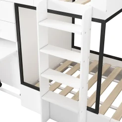 Lit Superposé enfant 90x200 cm - Lit avec Bureau Escamotable et Armoire - MDF et Panneaux Stratifiés - Sans Matelas - Blanc