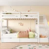 Lit superposé enfant 90x200 cm blanc avec étagère escalier, 2 tiroirs, barrières hautes, certifié EN747-1, sûr et pratique