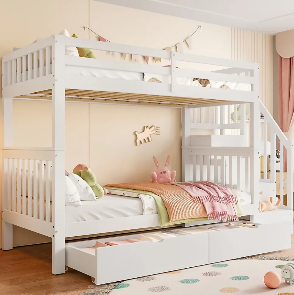 Lit superposé enfant 90x200 cm blanc avec étagère escalier, 2 tiroirs, barrières hautes, certifié EN747-1, sûr et pratique
