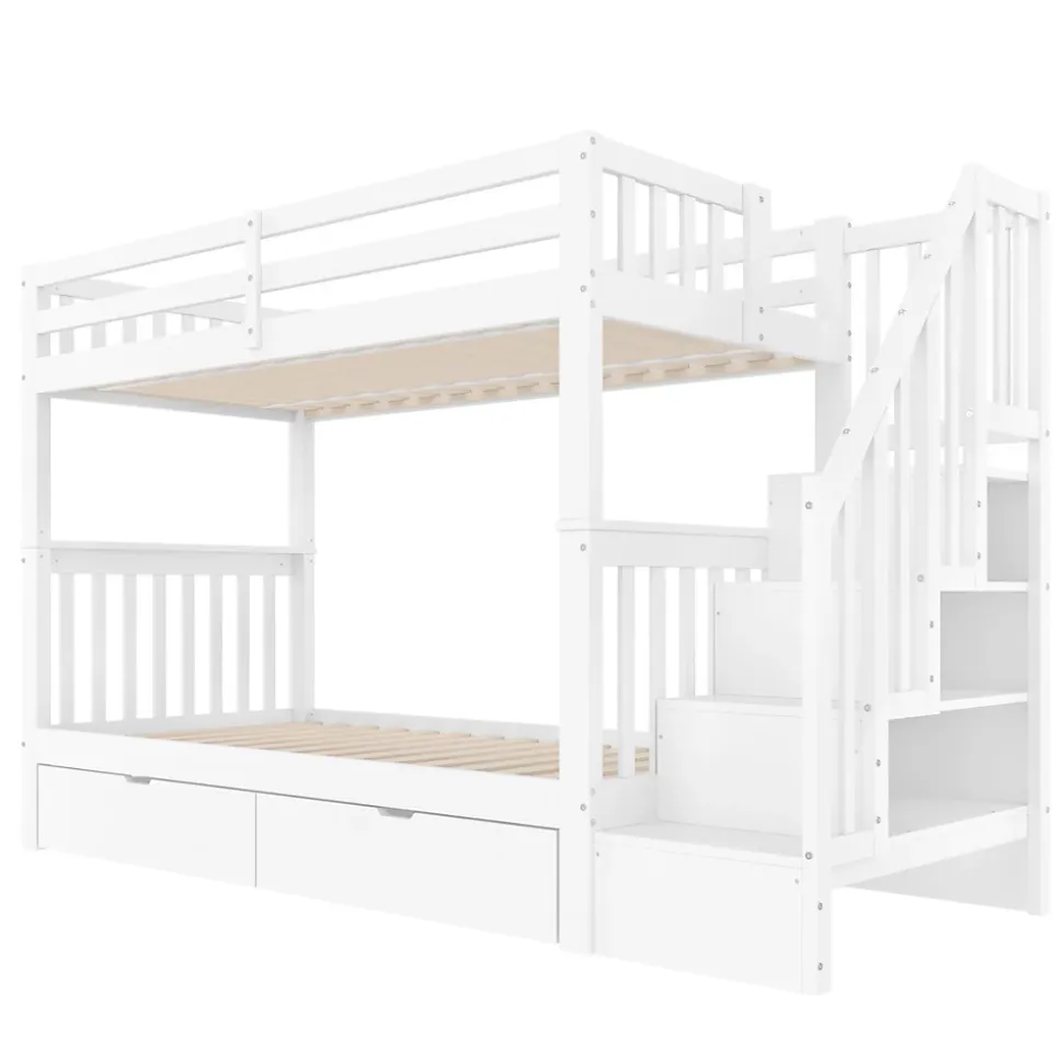 Lit superposé enfant 90x200 cm blanc avec étagère escalier, 2 tiroirs, barrières hautes, certifié EN747-1, sûr et pratique