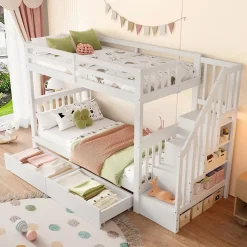 Lit superposé enfant 90x200 cm blanc avec étagère escalier, 2 tiroirs, barrières hautes, certifié EN747-1, sûr et pratique
