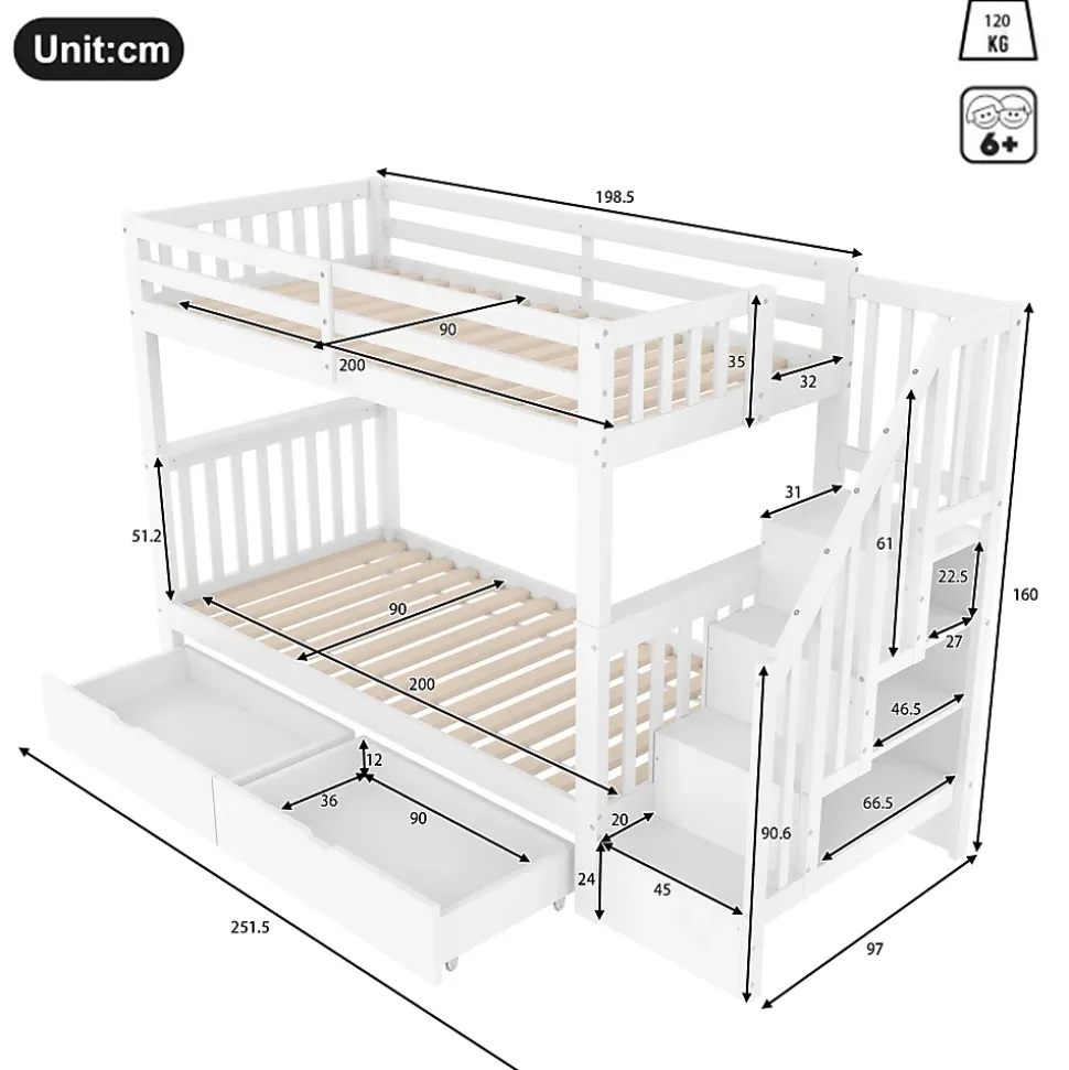 Lit superposé enfant 90x200 cm blanc avec étagère escalier, 2 tiroirs, barrières hautes, certifié EN747-1, sûr et pratique