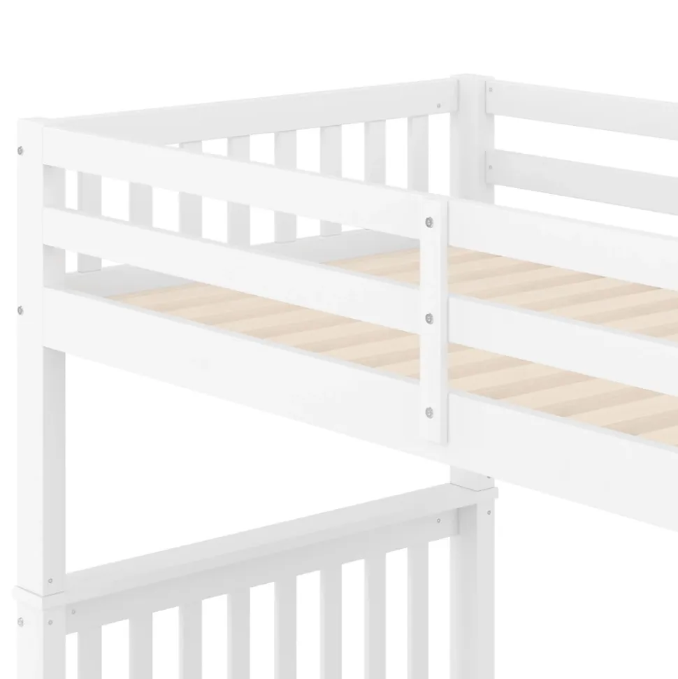 Lit superposé enfant 90x200 cm blanc avec étagère escalier, 2 tiroirs, barrières hautes, certifié EN747-1, sûr et pratique