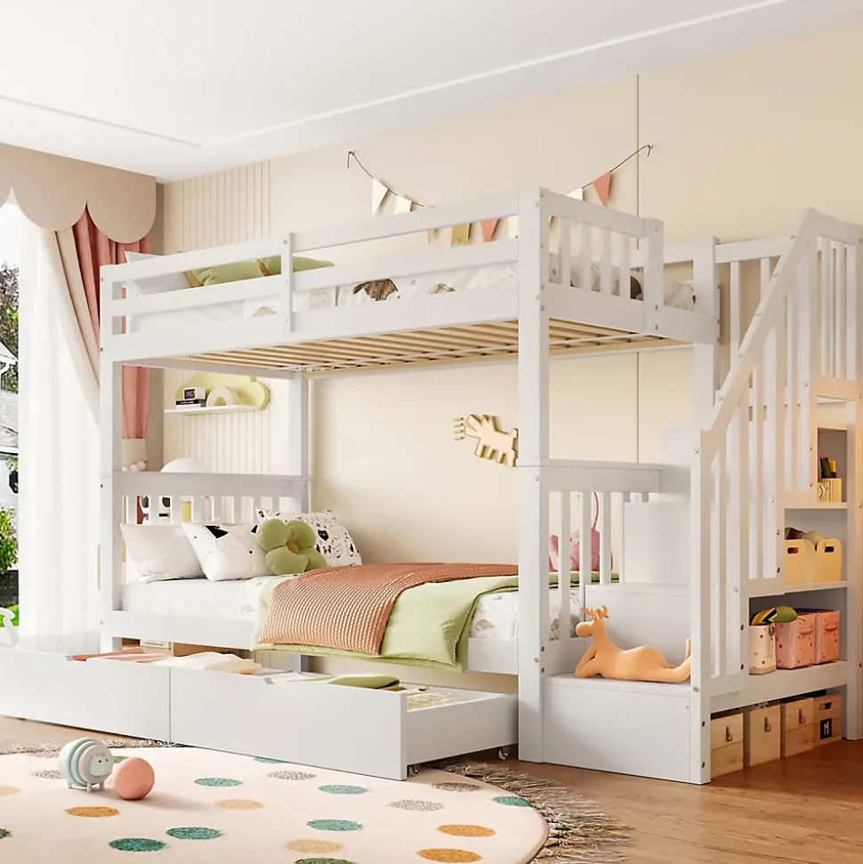 Lit superposé enfant 90x200 cm blanc avec étagère escalier, 2 tiroirs, barrières hautes, certifié EN747-1, sûr et pratique