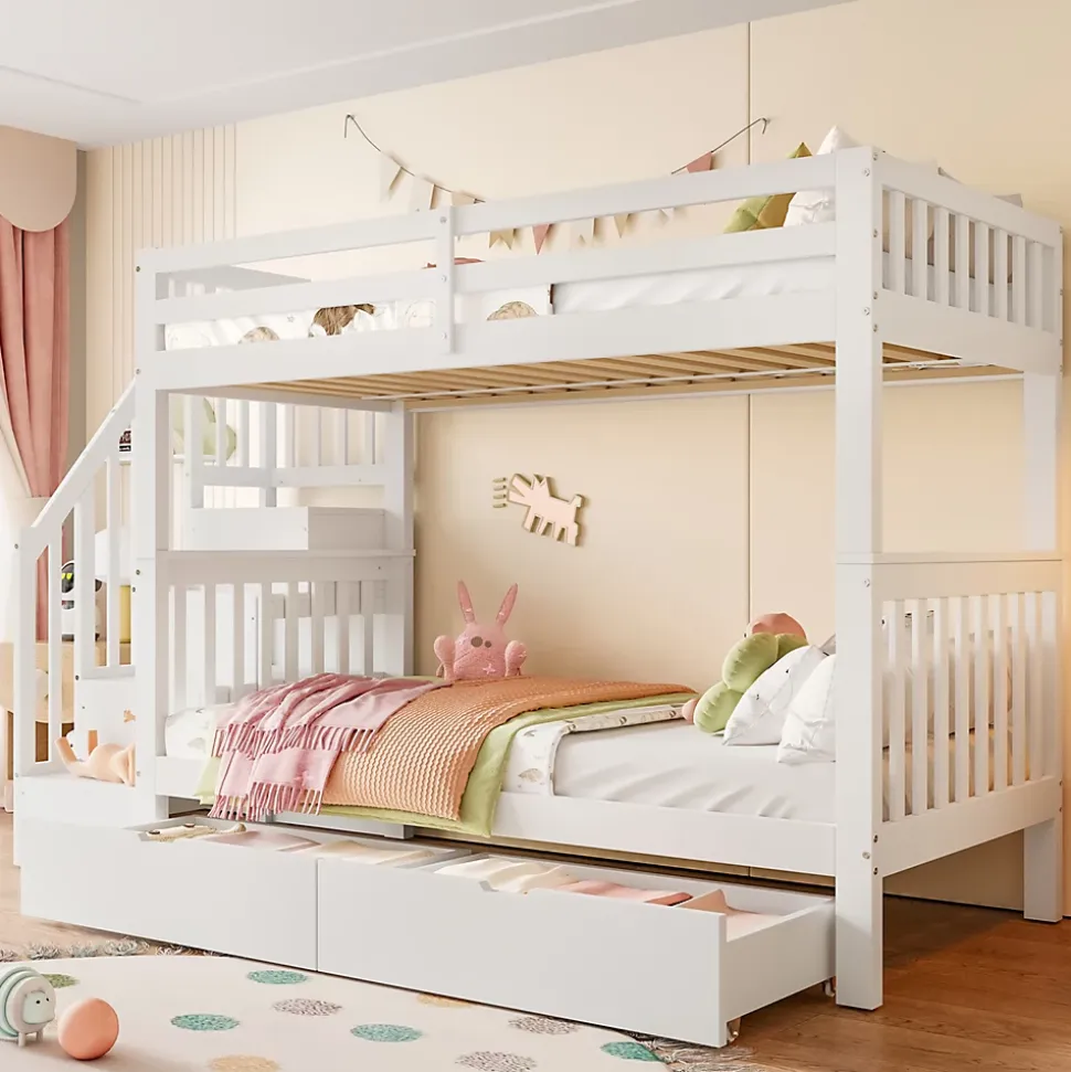 Lit superposé enfant 90x200 cm blanc avec étagère escalier, 2 tiroirs, barrières hautes, certifié EN747-1, sûr et pratique
