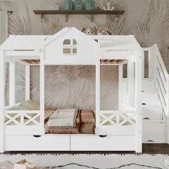 Lit Superposé Enfant 90/140x200 cm, 2 Tiroirs à Roulettes, Escalier, 4 Cases de Rangement, Fenêtres et Toit, Sans Matelas, Blanc