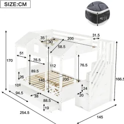 Lit Superposé Enfant 90/140x200 cm, 2 Tiroirs à Roulettes, Escalier, 4 Cases de Rangement, Fenêtres et Toit, Sans Matelas, Blanc