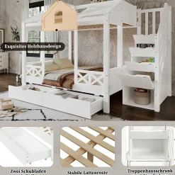 Lit Superposé Enfant 90/140x200 cm, 2 Tiroirs à Roulettes, Escalier, 4 Cases de Rangement, Fenêtres et Toit, Sans Matelas, Blanc