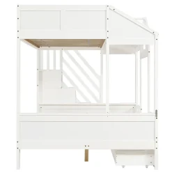 Lit Superposé Enfant 90/140x200 cm, 2 Tiroirs à Roulettes, Escalier, 4 Cases de Rangement, Fenêtres et Toit, Sans Matelas, Blanc