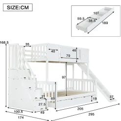 Lit Superposé enfant 90x200 cm avec Toboggan et Escalier, Cabane Blanc avec Casiers de Rangement, Pin et MDF, Sans Matelas - Blanc