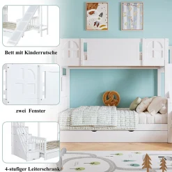 Lit Superposé enfant 90x200 cm avec Toboggan et Escalier, Cabane Blanc avec Casiers de Rangement, Pin et MDF, Sans Matelas - Blanc