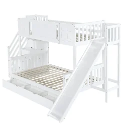 Lit Superposé enfant 90x200 cm avec Toboggan et Escalier, Cabane Blanc avec Casiers de Rangement, Pin et MDF, Sans Matelas - Blanc