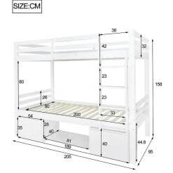 Lit superposé enfant 90x200 cm blanc avec casiers et étagères à chaussures, convertible en 2 lits simples