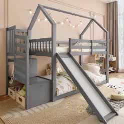 Lit Superposé Enfant 90x200 cm - Lit avec Toboggan et Escalier de Rangement - Cadre Bois MDF - Sans Matelas - Gris