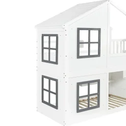 Lit superposé enfant 90x200 cm avec fenêtre - avec échelle de rangement - bois massif + MDF - blanc + gris (sans matelas)