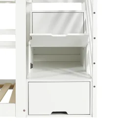 Lit superposé enfant 90x200 cm avec fenêtre - avec échelle de rangement - bois massif + MDF - blanc + gris (sans matelas)