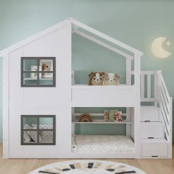 Lit superposé enfant 90x200 cm avec fenêtre - avec échelle de rangement - bois massif + MDF - blanc + gris (sans matelas)