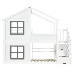 Lit superposé enfant 90x200 cm avec fenêtre - avec échelle de rangement - bois massif + MDF - blanc + gris (sans matelas)