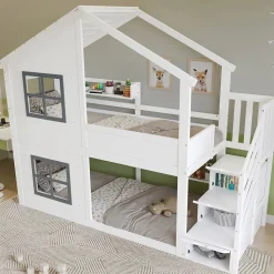 Lit superposé enfant 90x200 cm avec fenêtre - avec échelle de rangement - bois massif + MDF - blanc + gris (sans matelas)