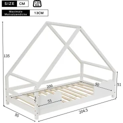 Lit Superposé enfant 90x200 cm - Lit Simple en Bois Massif de Pin, Capacité 120 kg, Sans Matelas, Blanc