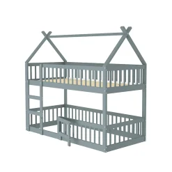 Lit Superposé Enfant 90x200 cm - avec escalier sécurisé et rangement, Bois Massif + MDF - Gris, sans matelas