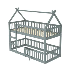 Lit Superposé Enfant 90x200 cm - avec escalier sécurisé et rangement, Bois Massif + MDF - Gris, sans matelas