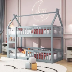 Lit Superposé Enfant 90x200 cm - avec escalier sécurisé et rangement, Bois Massif + MDF - Gris, sans matelas