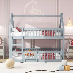 Lit Superposé Enfant 90x200 cm - avec escalier sécurisé et rangement, Bois Massif + MDF - Gris, sans matelas
