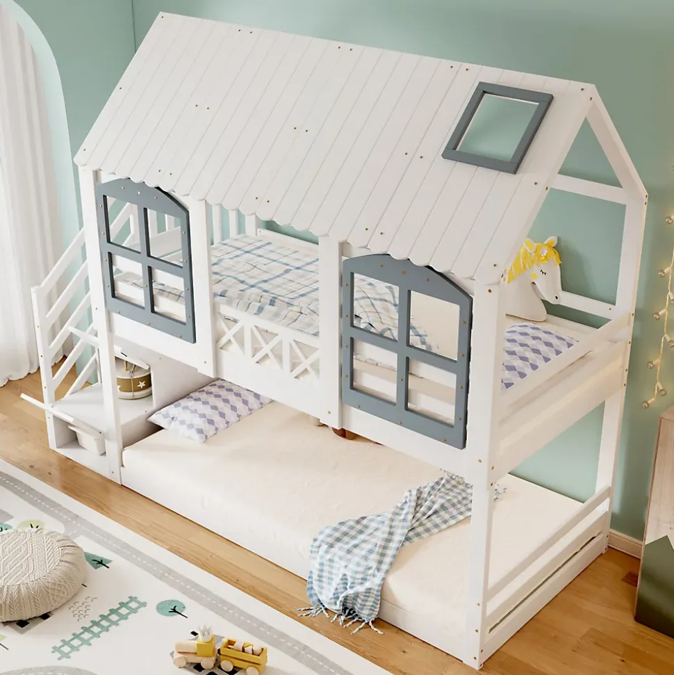 Lit superposé enfant 90x200 cm blanc/gris en pin et MDF avec barrières de sécurité, 3 tiroirs et rangement