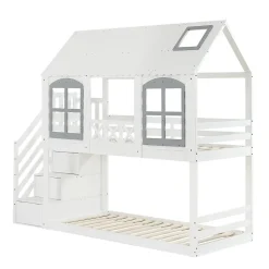 Lit superposé enfant 90x200 cm blanc/gris en pin et MDF avec barrières de sécurité, 3 tiroirs et rangement