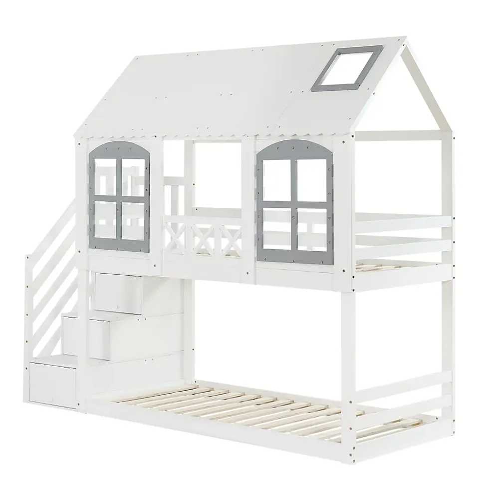 Lit superposé enfant 90x200 cm blanc/gris en pin et MDF avec barrières de sécurité, 3 tiroirs et rangement