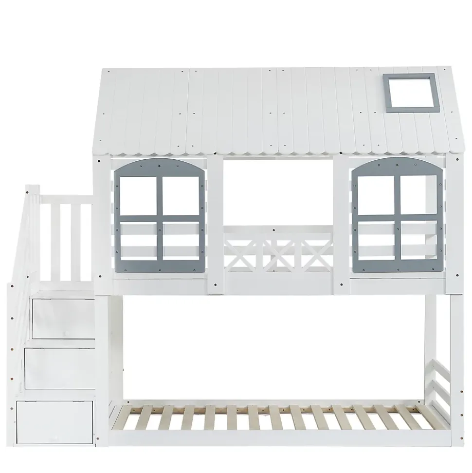 Lit superposé enfant 90x200 cm blanc/gris en pin et MDF avec barrières de sécurité, 3 tiroirs et rangement