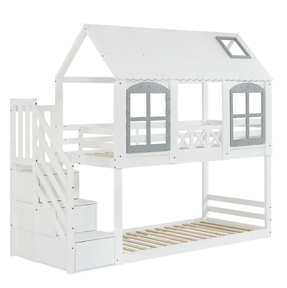 Lit superposé enfant 90x200 cm blanc/gris en pin et MDF avec barrières de sécurité, 3 tiroirs et rangement