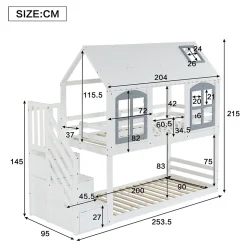 Lit superposé enfant 90x200 cm blanc/gris en pin et MDF avec barrières de sécurité, 3 tiroirs et rangement