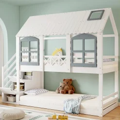 Lit superposé enfant 90x200 cm blanc/gris en pin et MDF avec barrières de sécurité, 3 tiroirs et rangement