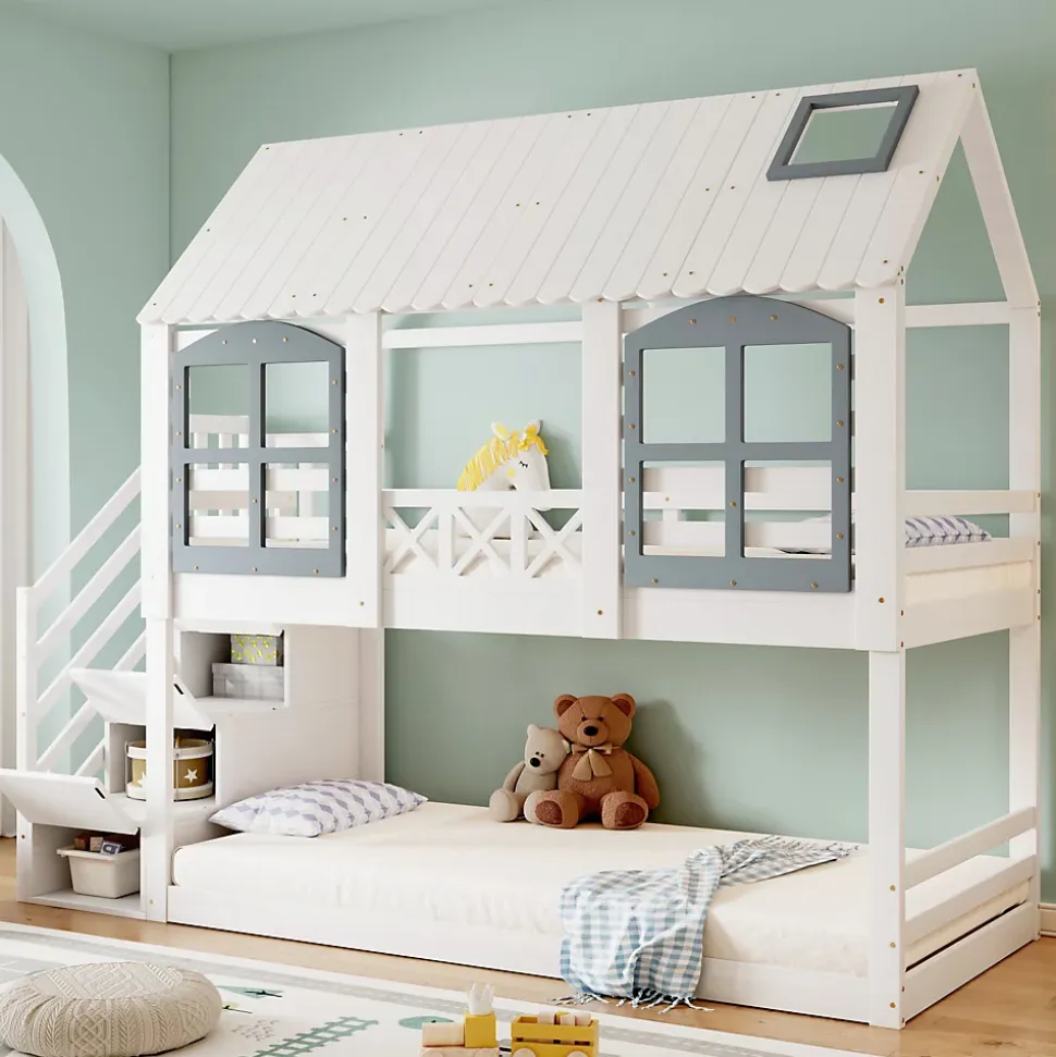 Lit superposé enfant 90x200 cm blanc/gris en pin et MDF avec barrières de sécurité, 3 tiroirs et rangement