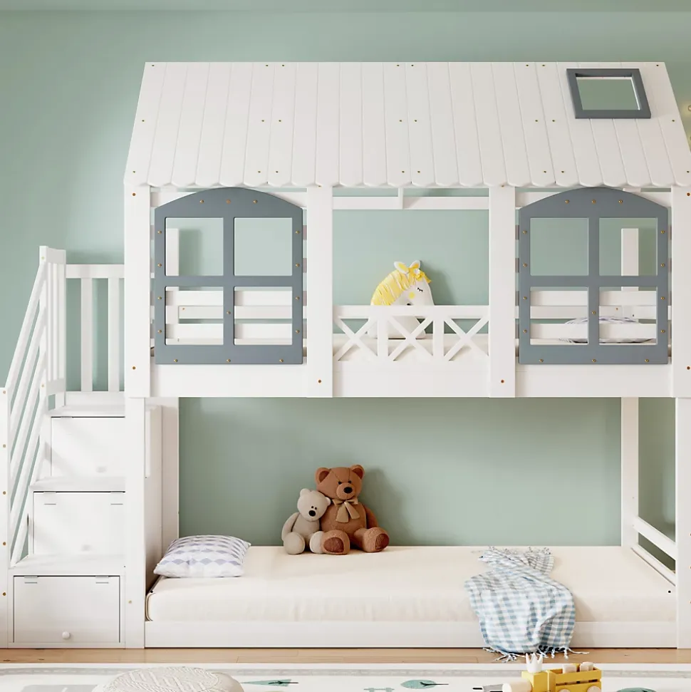 Lit superposé enfant 90x200 cm blanc/gris en pin et MDF avec barrières de sécurité, 3 tiroirs et rangement