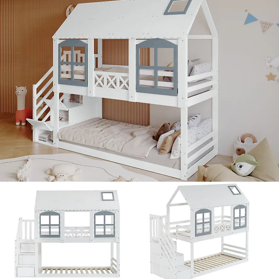 Lit superposé enfant 90x200 cm blanc/gris en pin et MDF avec barrières de sécurité, 3 tiroirs et rangement