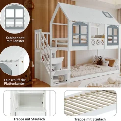 Lit superposé enfant 90x200 cm blanc/gris en pin et MDF avec barrières de sécurité, 3 tiroirs et rangement