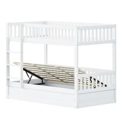 Lit superposé enfant 90x200 cm en bois massif blanc avec système de rangement hydraulique, lit solide, durable et fonctionnel