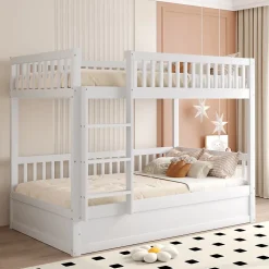 Lit superposé enfant 90x200 cm en bois massif blanc avec système de rangement hydraulique, lit solide, durable et fonctionnel