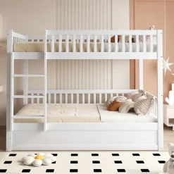 Lit superposé enfant 90x200 cm en bois massif blanc avec système de rangement hydraulique, lit solide, durable et fonctionnel