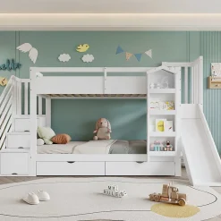 Lit superposé enfant 90x200 cm avec escalier de rangement et toboggan - bibliothèque illustrée - 2 tiroirs - blanc (sans matelas)
